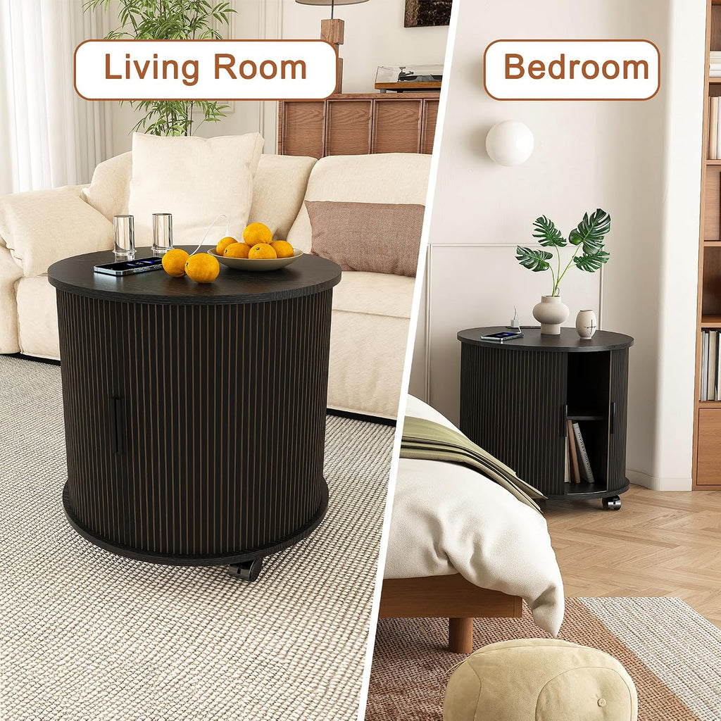 Mid Century Modern Side Tables Living Room with Charging Station, Small Side Table with Sliding Door, 24" Large Round End Tables Living Room with 2-Tier Storage, Black Nightstand for Bedroom, Entryway