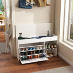 Shoe Storage Bench with Flip-Out Rack, Hidden Compartment, Open Shelves, White, 31.50" x 11.81" x 20.47