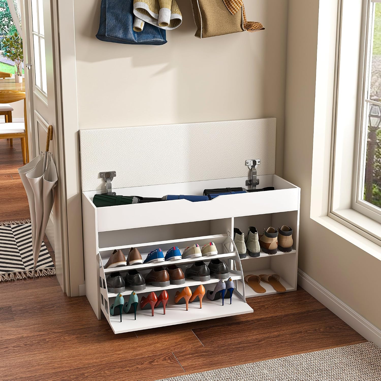 Shoe Storage Bench with Flip-Out Rack, Hidden Compartment, Open Shelves, White, 31.50" x 11.81" x 20.47