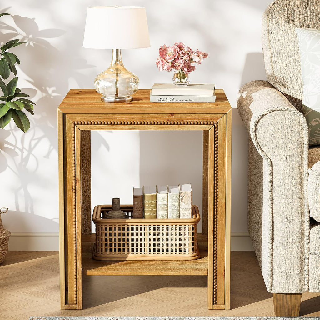 Solid Wood End Table, 2-Tier Farmhouse Side Table with Storage Shelves, Rustic Narrow Nightstand for Small Spaces, Living Room, Bedroom, Warm Brown (1)