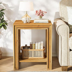 Solid Wood End Table, 2-Tier Farmhouse Side Table with Storage Shelves, Rustic Narrow Nightstand for Small Spaces, Living Room, Bedroom, Warm Brown (1)