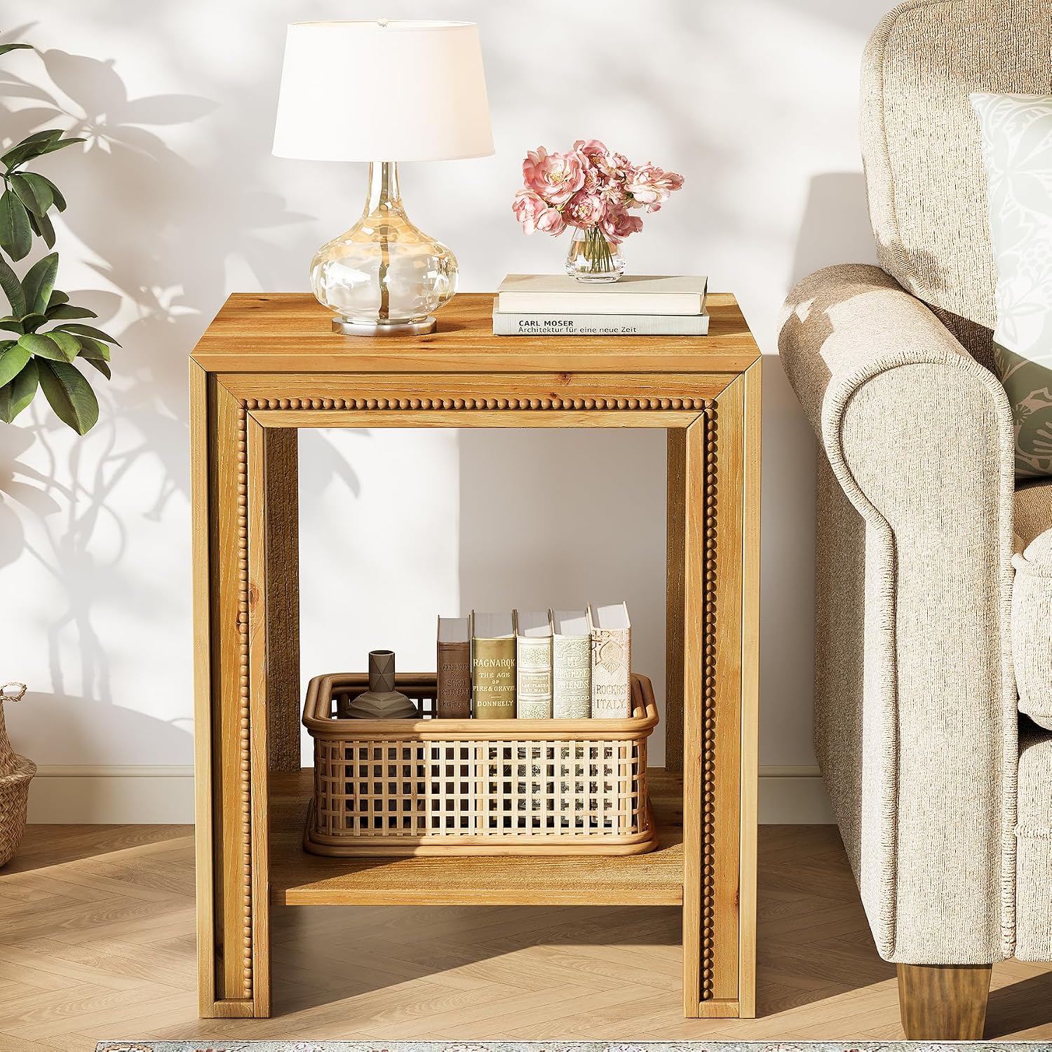 Solid Wood End Table, 2-Tier Farmhouse Side Table with Storage Shelves, Rustic Narrow Nightstand for Small Spaces, Living Room, Bedroom, Warm Brown (1)