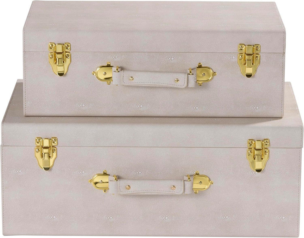 Sagala Set of 2 Large Decorative Storage Trunks, Beige Shagreen StorageTrunks And Chests with Handle, Faux Leather Large Storage Boxes for Home Organization Decor (Beige)