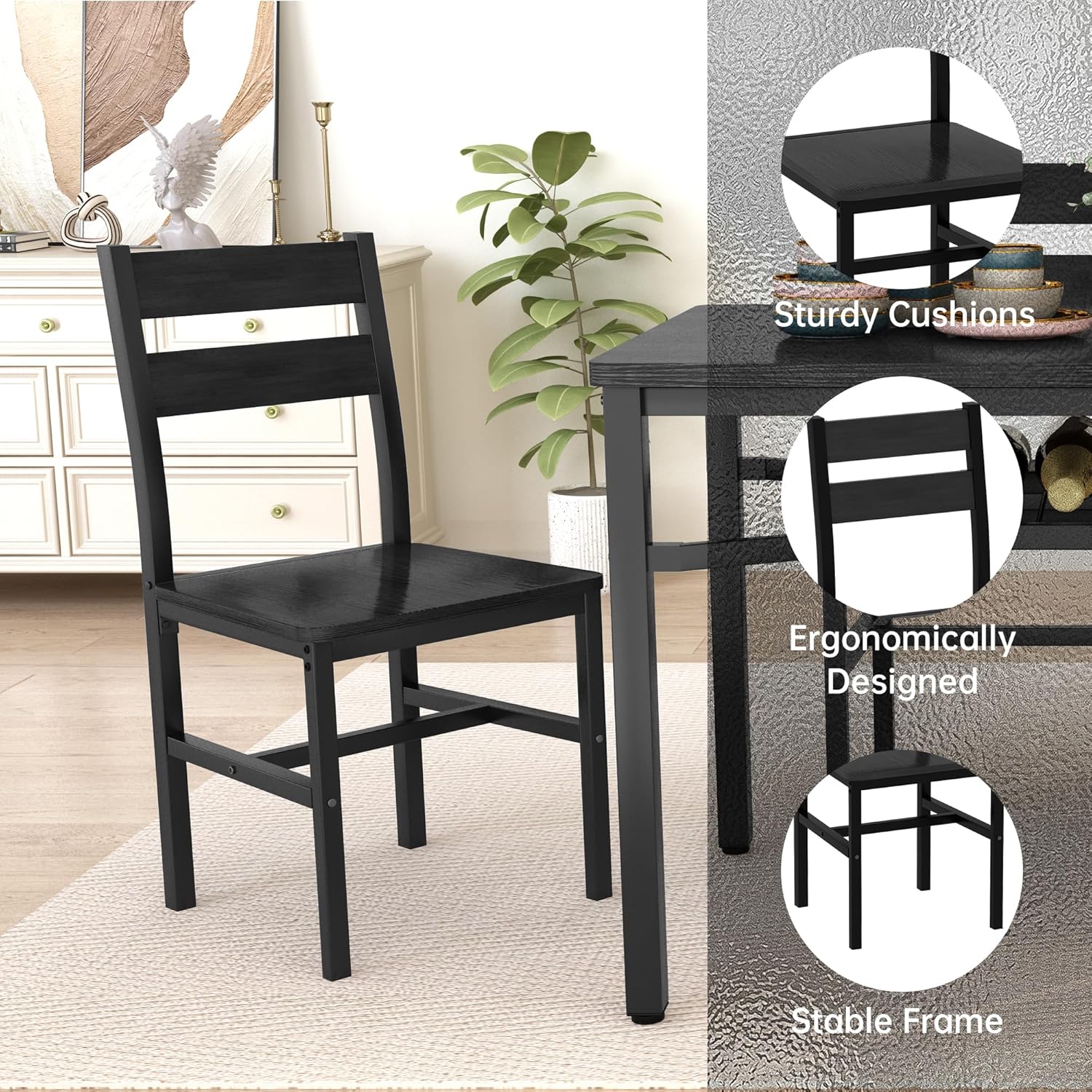 Hooseng Dining Table Set for 4, Wood Kitchen Table Chairs Set with Storage, Farmhouse 5 Piece Dining Room Table Set, Space-Saving Dinette Set for Breakfast Nook, Apartment (Black)