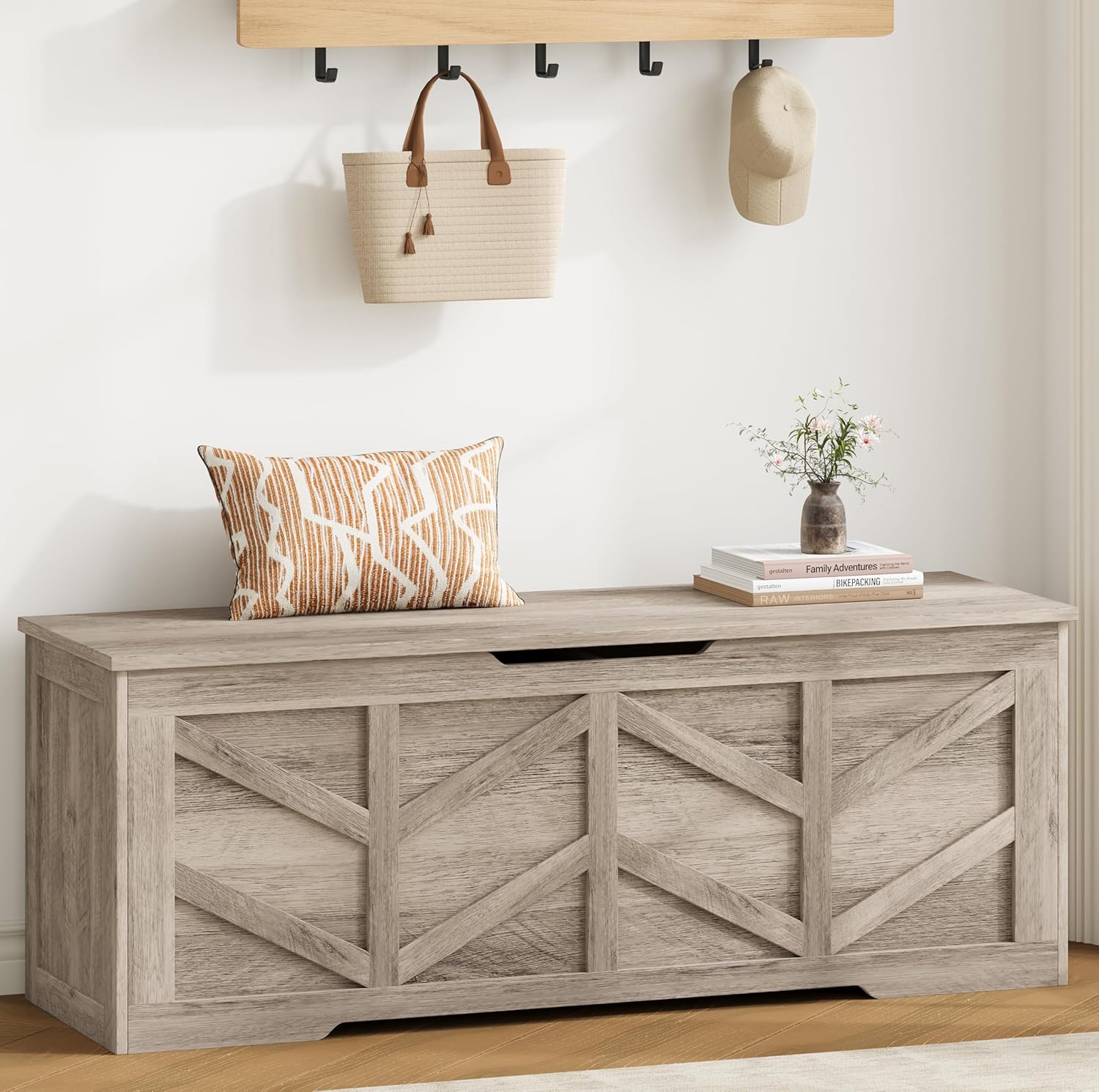 51.2" Storage Chest, Extra Large Storage Bench with 2 Safety Hinges, Storage Trunk Supports 330 lb, Wooden Blanket Storage for Bedroom, livingroom, entryway, Greige