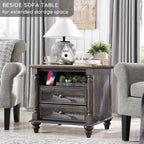 T4TREAM 24'' Farmhouse End Table w/4 Solid Wood Feet Set of 2, Large 2 Drawers Sofa Side Table with Charging Station, Rustic Wood Square Nightstand for Living Room, Bedroom, Office, Dark Rustic Oak
