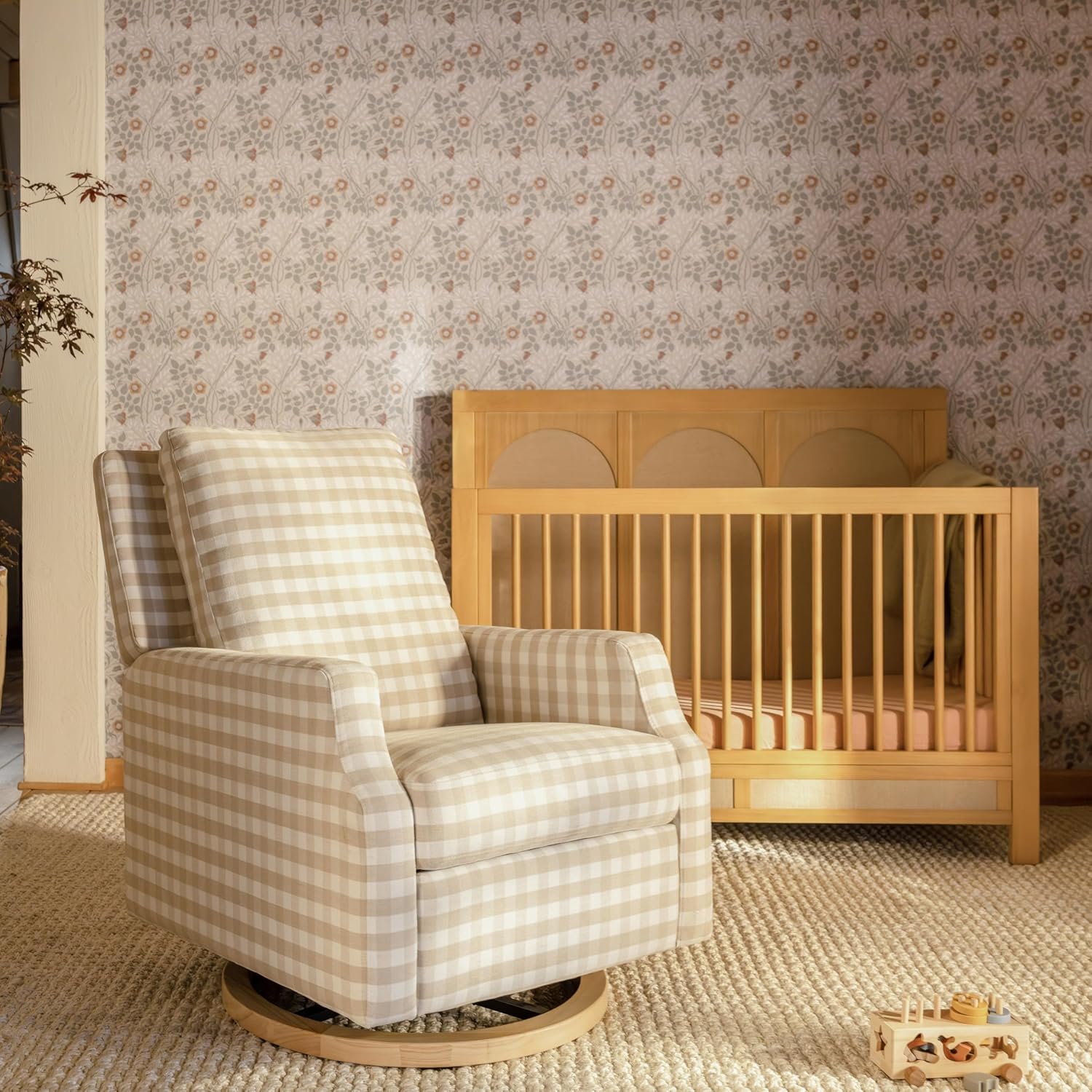 Namesake Crewe Glider Recliner Nursery Chair - GREENGUARD Gold & Certi-PUR US Certified Rocker Recliner - Glider Rocking Chair for Nursery & Living Room - Manual, 360° Swivel, Tan Gingham