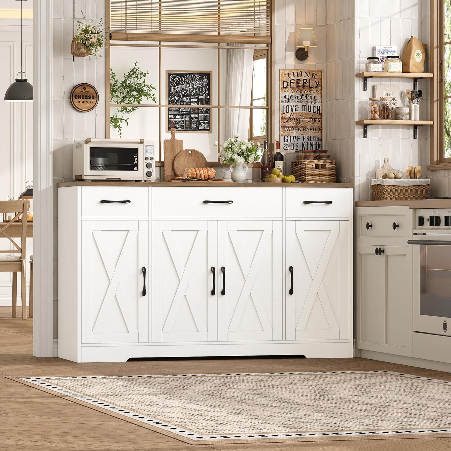 HOSTACK Buffet Cabinet with Drawers, 55" Large Sideboard Buffet Storage Cabinet with Shelves and Doors, Modern Farmhouse Coffee Bar Station Wood Kitchen Table for Kitchen, Dining Room, White/Rustic