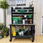 GDLF Potting Bench Table Large Outdoor Kitchen Island Prep Station with Stainless Steel Top Waterproof Cover, Hardwood, 66.9" H
