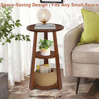 3-Tier Round Side Table, Solid Wood End Table & Nightstand for Small Spaces, Compact Accent Table for Living Room, Bedroom, Office (Red Brown Finish)