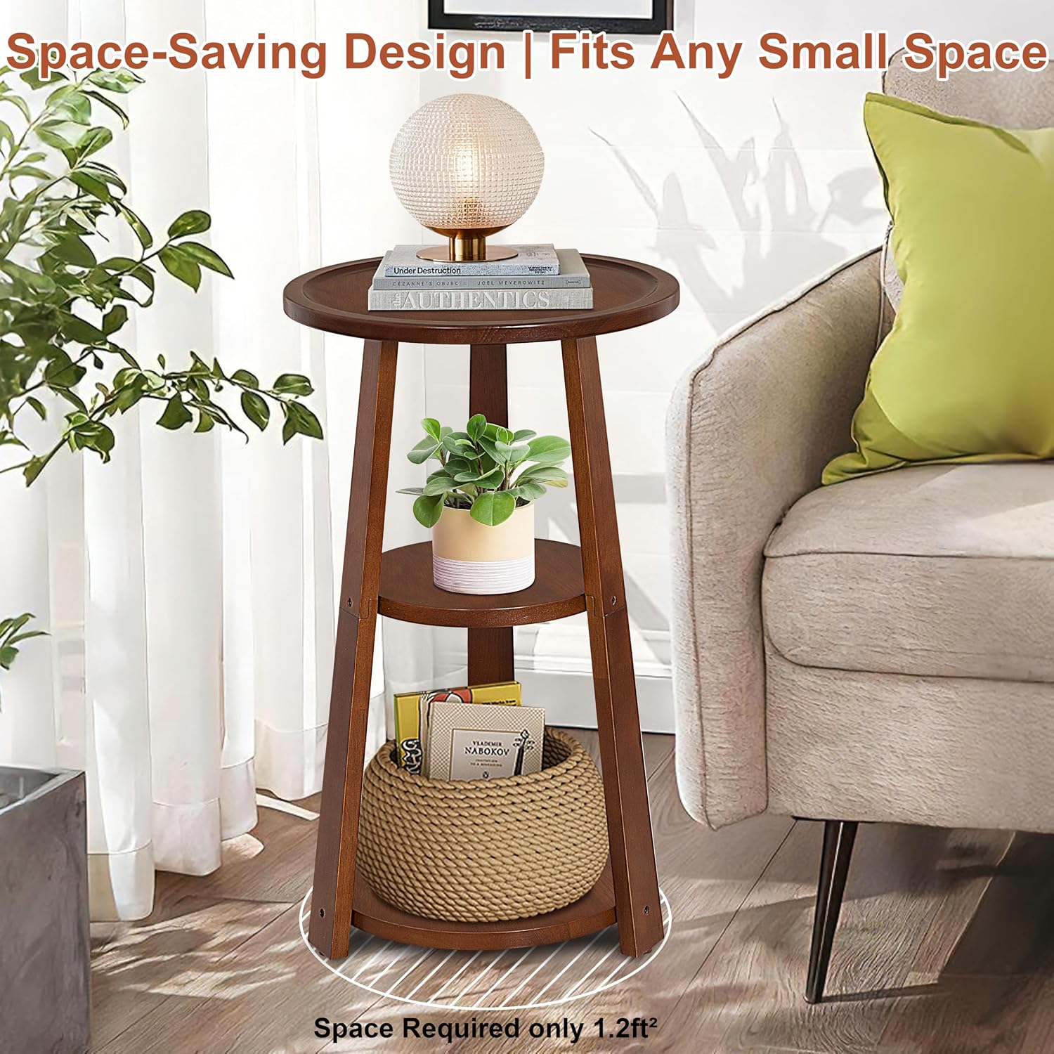 3-Tier Round Side Table, Solid Wood End Table & Nightstand for Small Spaces, Compact Accent Table for Living Room, Bedroom, Office (Red Brown Finish)