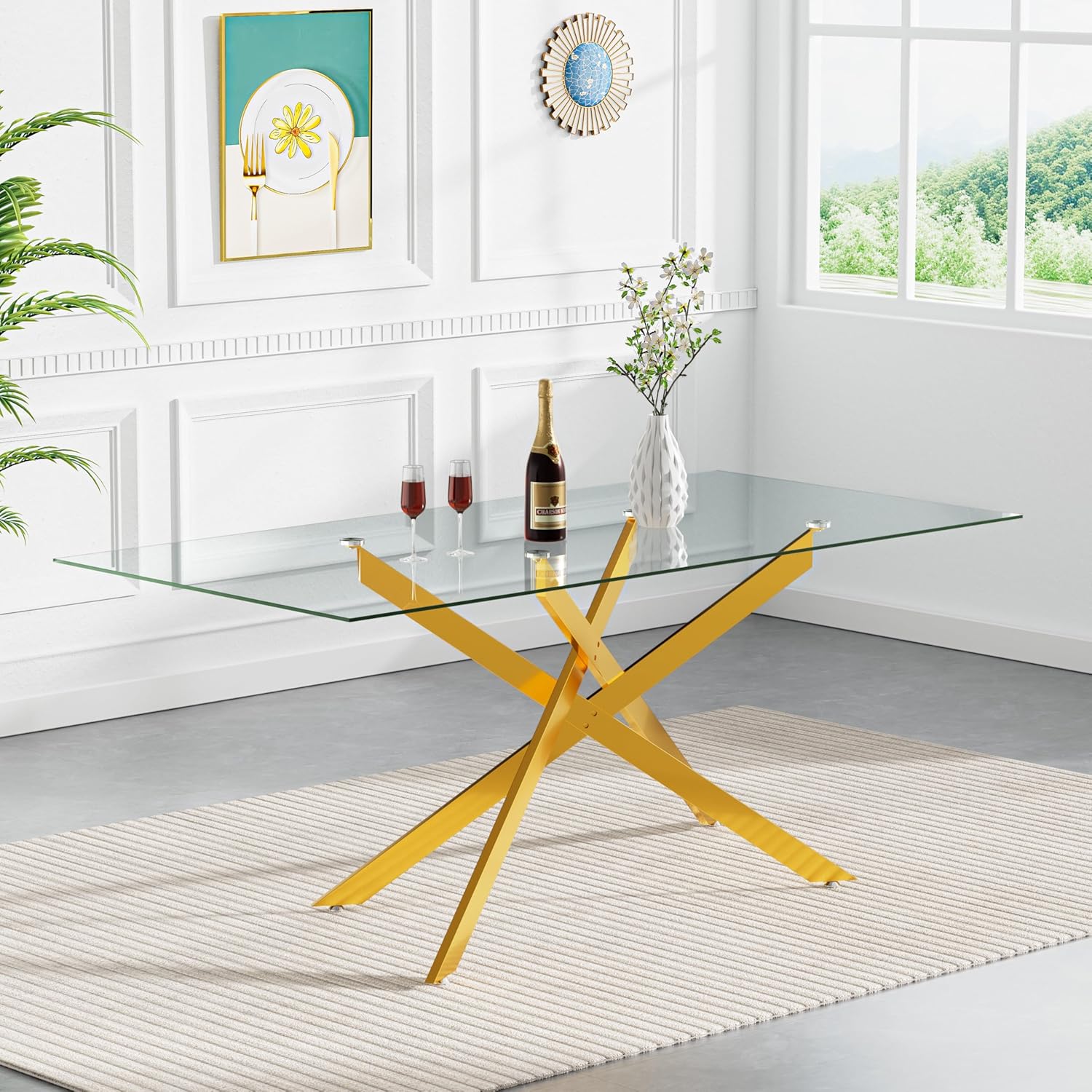 61" Glass Dining Table for 6, Modern Kitchen Dining Room Table with Rectangular Tempered Glass Top and X Metal Legs, Large Gold Glass Dinner Table for Kitchen