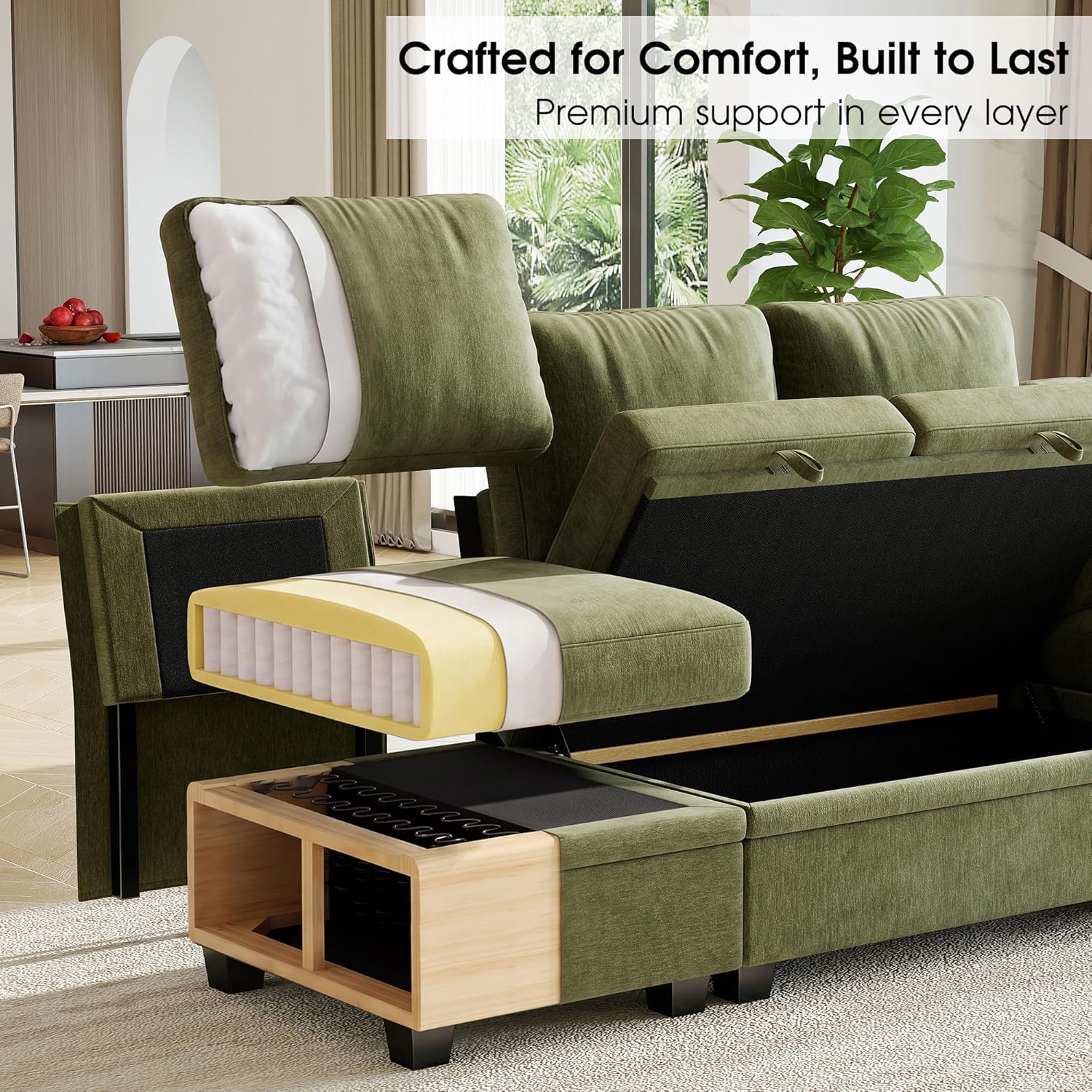 86" Modular Sectional Sleeper Sofa with Pull Out Bed, L Shaped 5 Seat Couch with 151L Storage, Convertible Cloud Couch Bed, Sectional Couches for Living Room, Apartment (Green)