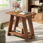 Solid Wood Side Table, Narrow Small End Table with 2-Tier Storage, Farmhouse Rectangle Bedside Nightstand for Living Room Bedroom, Small Places (1, Brown)