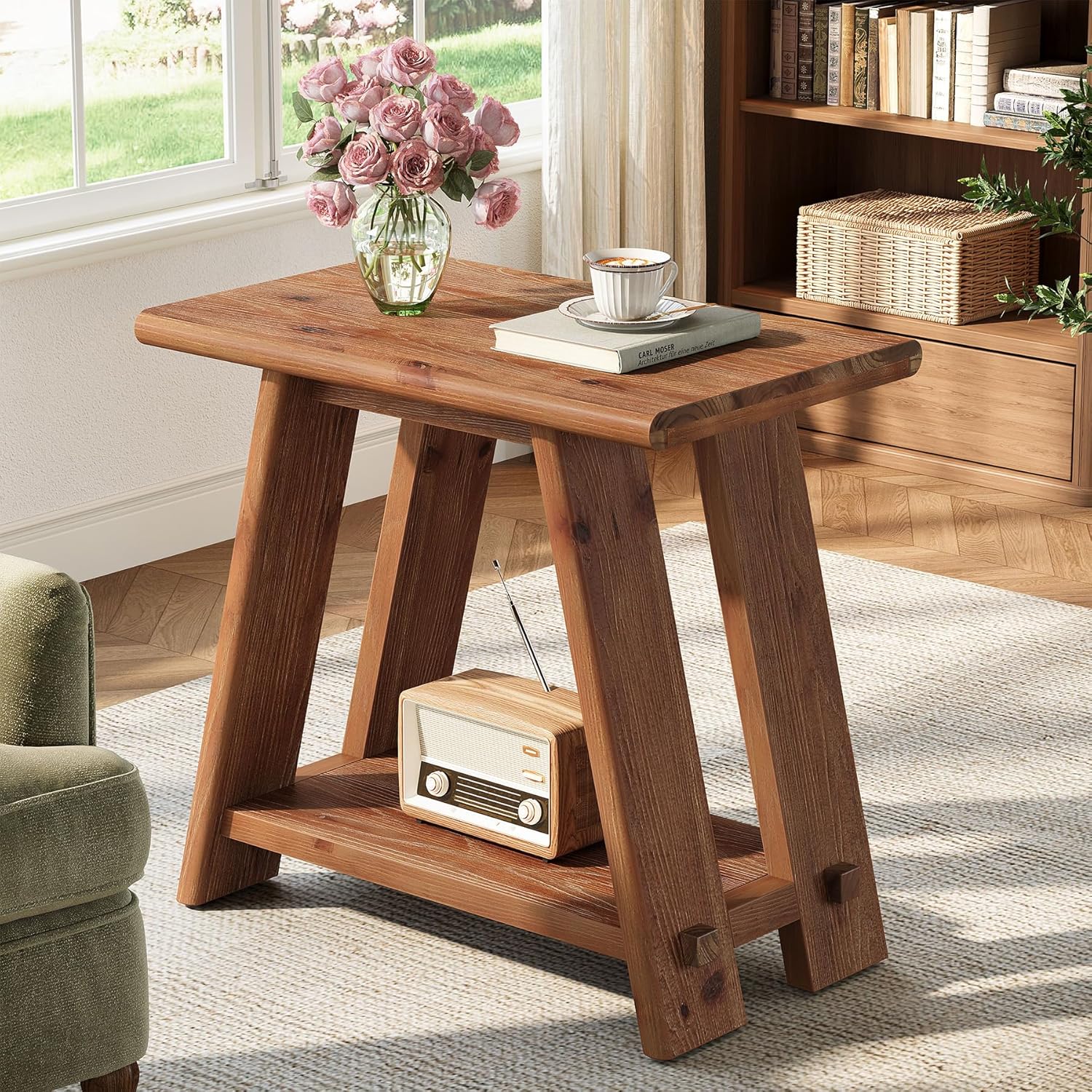 Solid Wood Side Table, Narrow Small End Table with 2-Tier Storage, Farmhouse Rectangle Bedside Nightstand for Living Room Bedroom, Small Places (1, Brown)