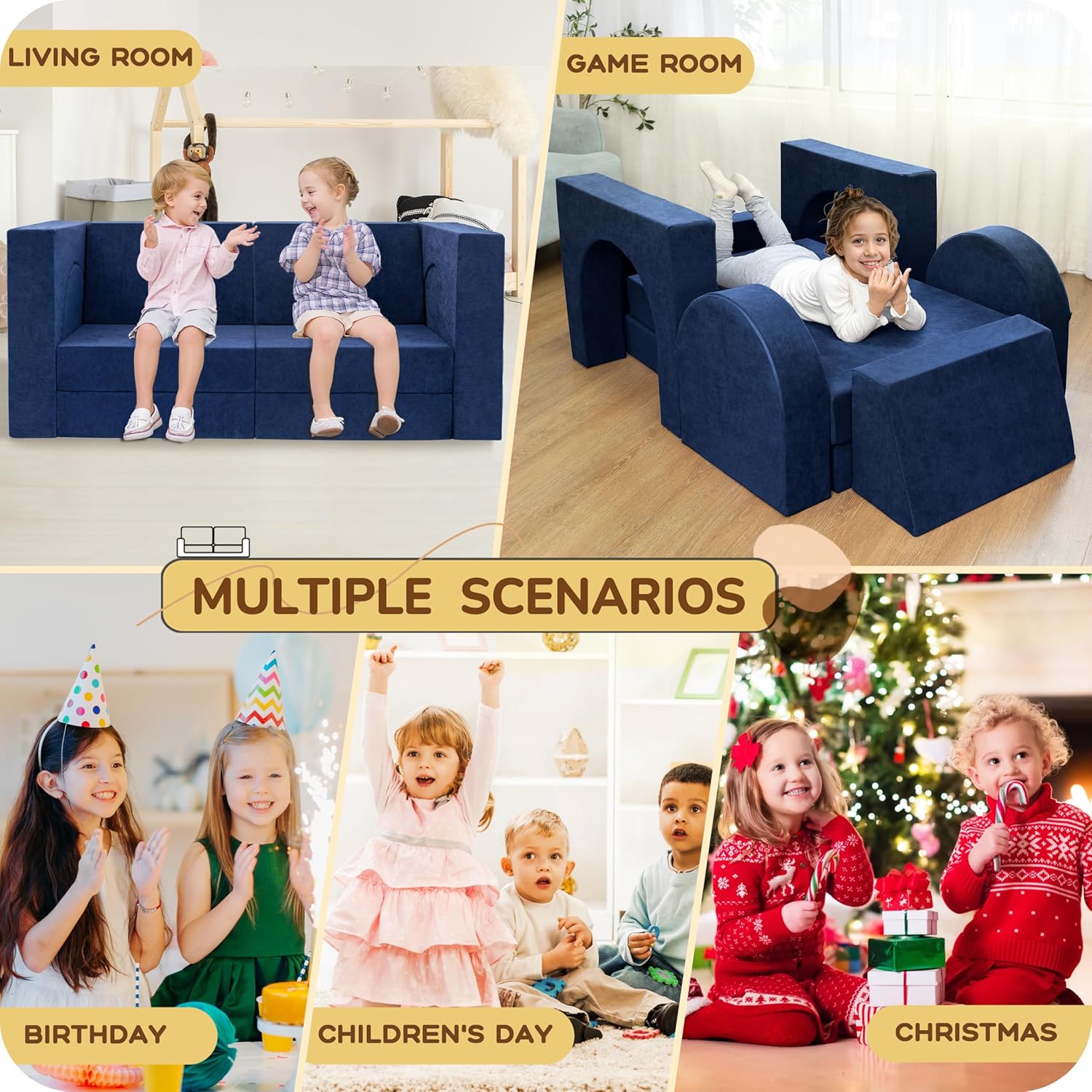 Fvkind 10 Pcs Modular Kids Play Couch, Foam Kids Play Couch for Playroom & Bedroom, Multifunctional Children Sofa Building Fort for Boys and Girls with Soft Foam and Removable Cover, Blue