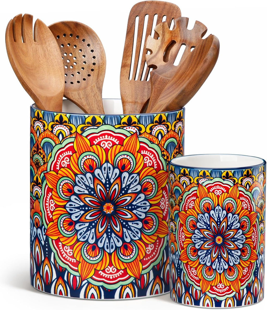 vancasso SIMI Utensil Holder, 7.3"+5.5" Porcelain Kitchen Utensil Holder for Countertop, Bohemian Kitchen Utensil Organizer for Spatulas, Spoons, Ladles, Decorative Counter Utensil Crock, Regal Bloom