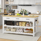 DynJest 60" Solid Rubberwood Kitchen Island with Power Outlets - Extra Large Work Surface, 3 Drawers & 2 Open Shelves Storage Cabinet for Kitchen Dining Room, Farmhouse Style (White)