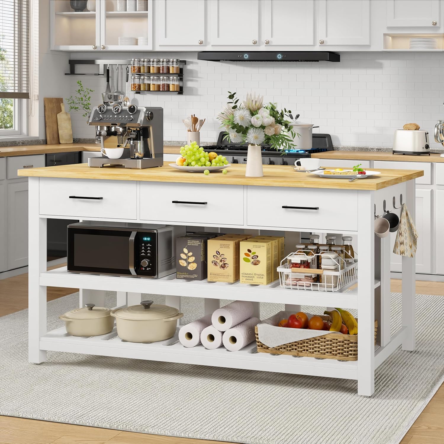 DynJest 60" Solid Rubberwood Kitchen Island with Power Outlets - Extra Large Work Surface, 3 Drawers & 2 Open Shelves Storage Cabinet for Kitchen Dining Room, Farmhouse Style (White)