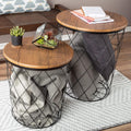 Lavish Home End Tables - Round Nesting Tables Set of 2, Brown Woodgrain | 17.5”/15.5” Side Tables with Removable Wood Tops & Metal Basket Bases for Blanket Storage, Living Room, Bedroom & Home Office