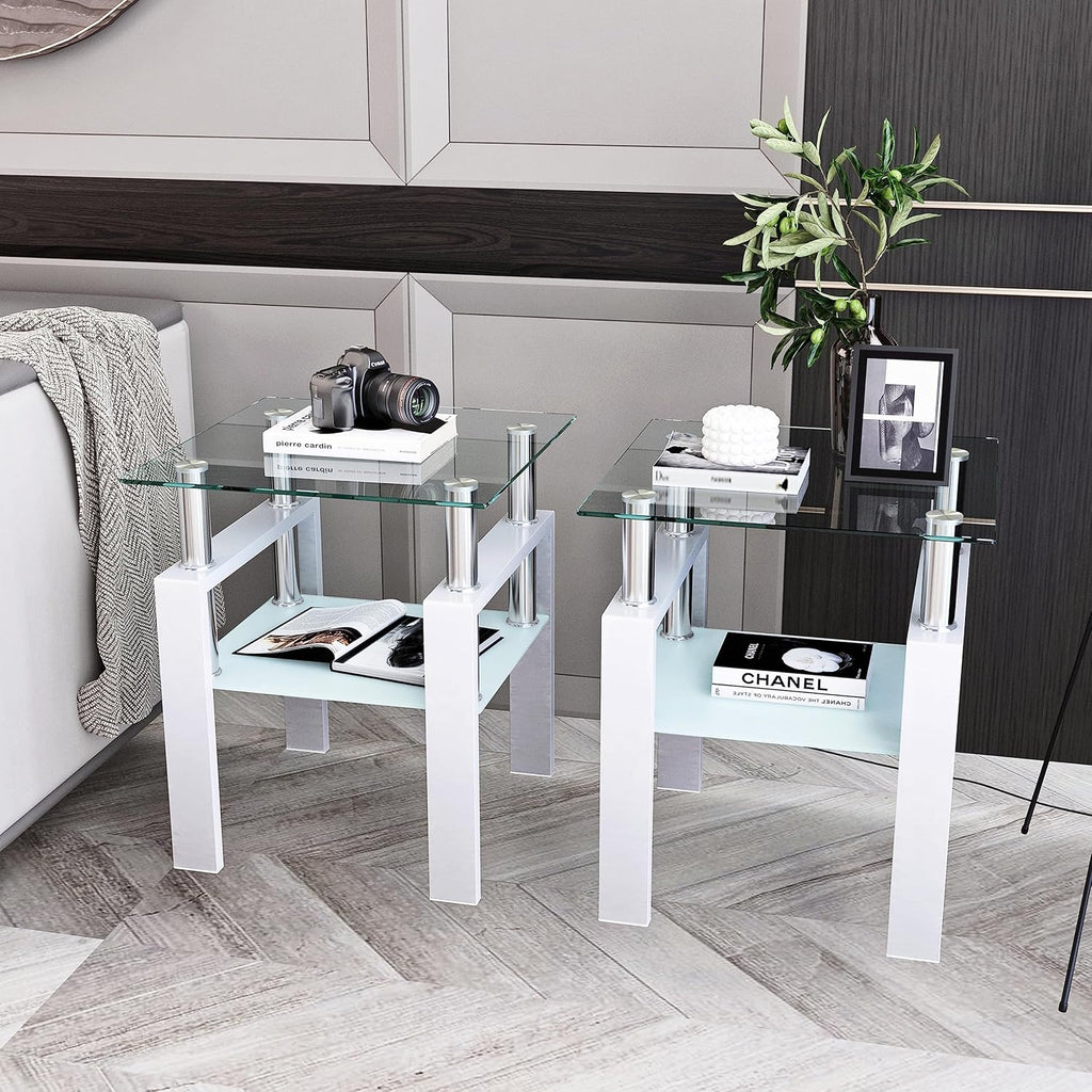 BIGTO 2 Pcs Tempered Glass Side Table, End Table for Living Room, Sofa Table White 17.72''*17.72''*20.5''Living Room Furniture