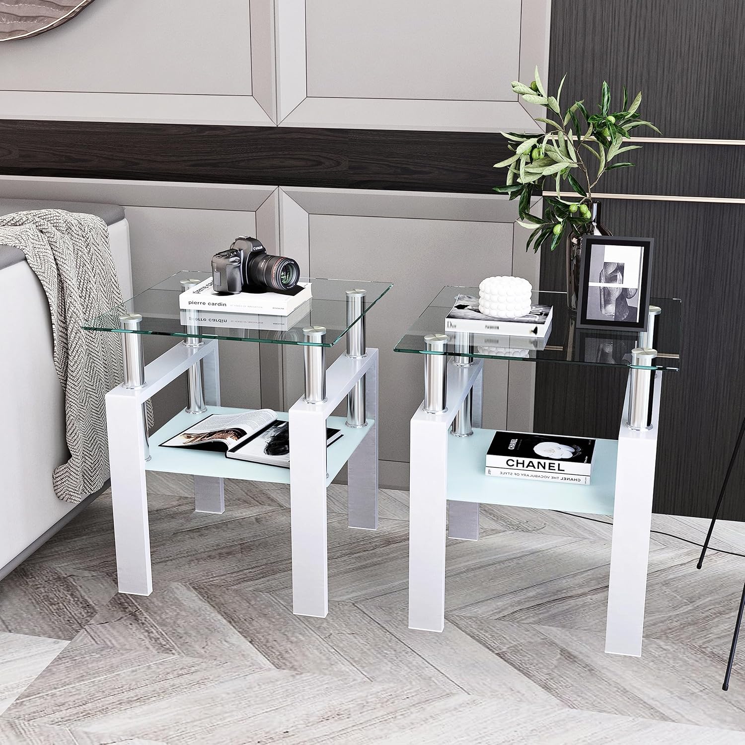 BIGTO 2 Pcs Tempered Glass Side Table, End Table for Living Room, Sofa Table White 17.72''*17.72''*20.5''Living Room Furniture