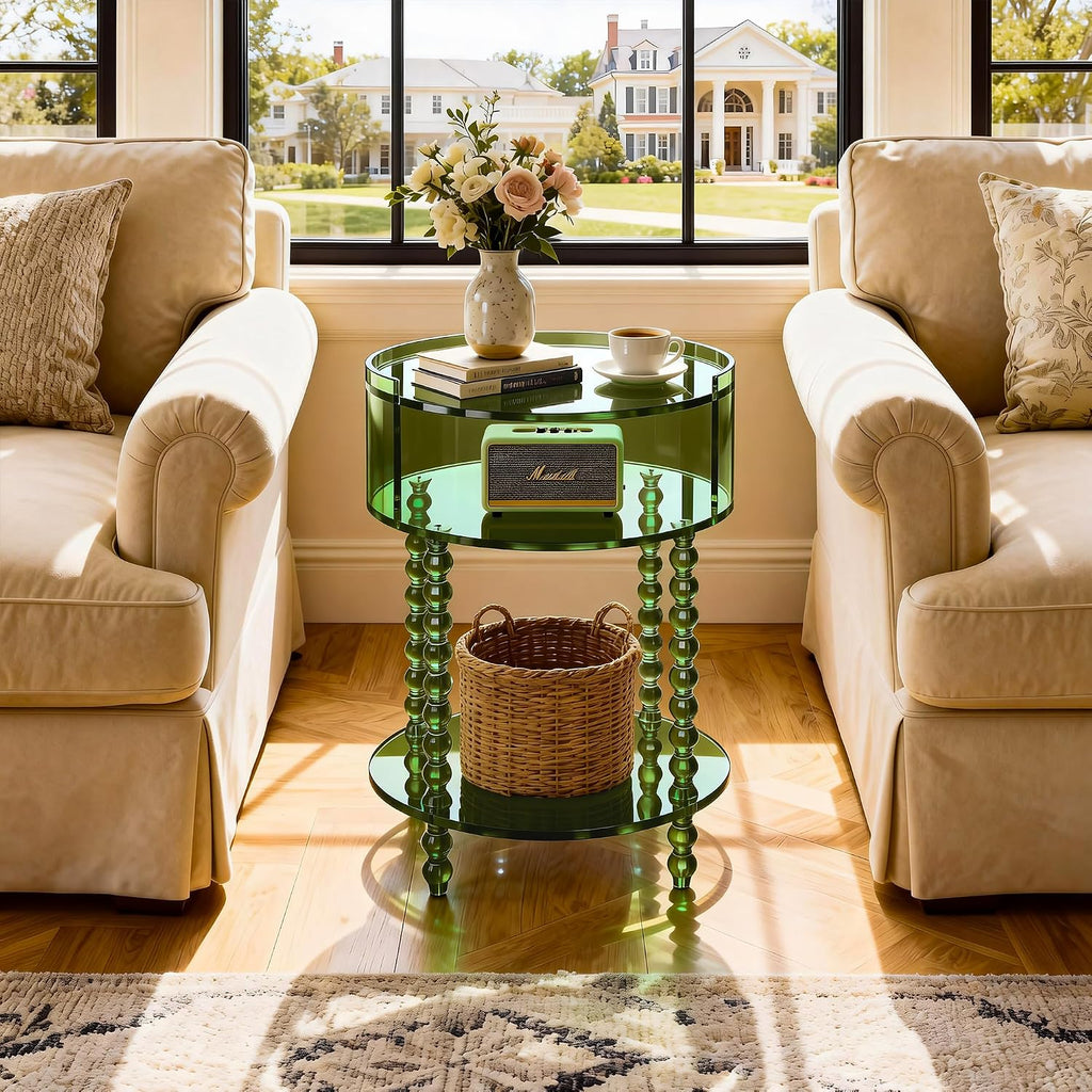 Modern Acrylic Round Side Table, End Table for Living Room, Clear Nightstand for Bedroom, Lobby and Office, Easy Assembly (Green, Nomal)