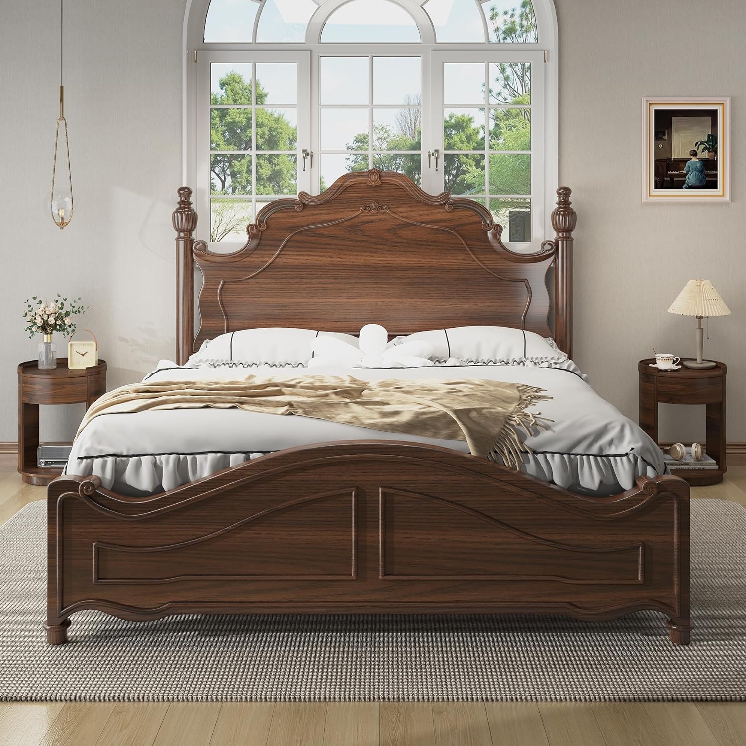 Chogori Solid Wood End Table Set of 2 with Drawer & Storage Shelf – Walnut Round Accent Nightstand, Farmhouse Side Table for Small Spaces, Living Room, Easy Assembly