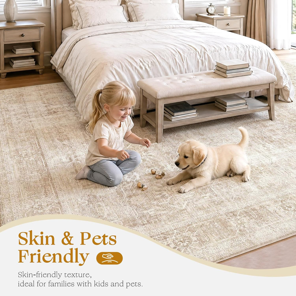 Beauoop 2x6 Hallway Runner Rug Beige Washable Vintage Distressed Neutral Retro Carpet Non Slip Soft Cream Low Pile Indoor Rug for Entryway Kitchen Bedroom Bathroom Laundry Bedside Entrance Living Room
