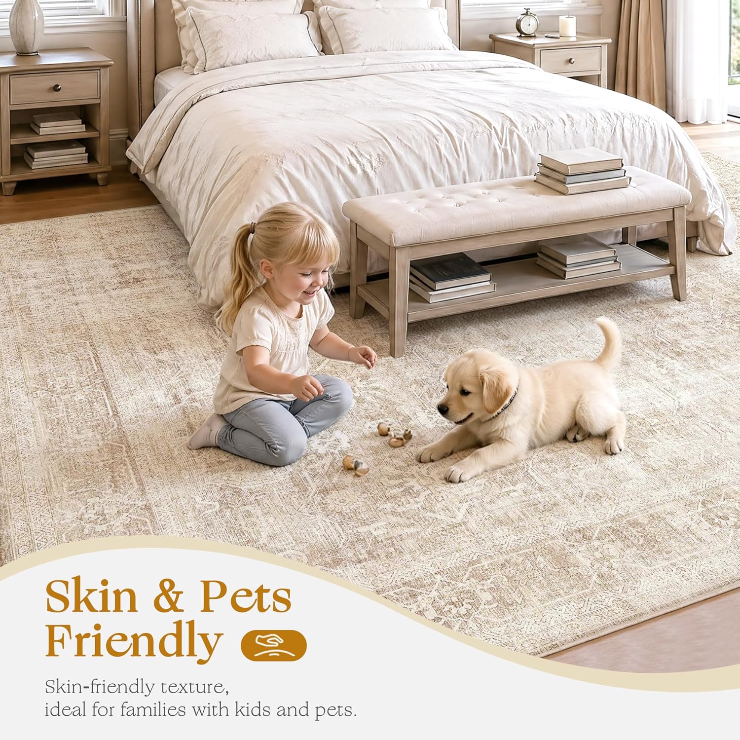 Beauoop 2x6 Hallway Runner Rug Beige Washable Vintage Distressed Neutral Retro Carpet Non Slip Soft Cream Low Pile Indoor Rug for Entryway Kitchen Bedroom Bathroom Laundry Bedside Entrance Living Room