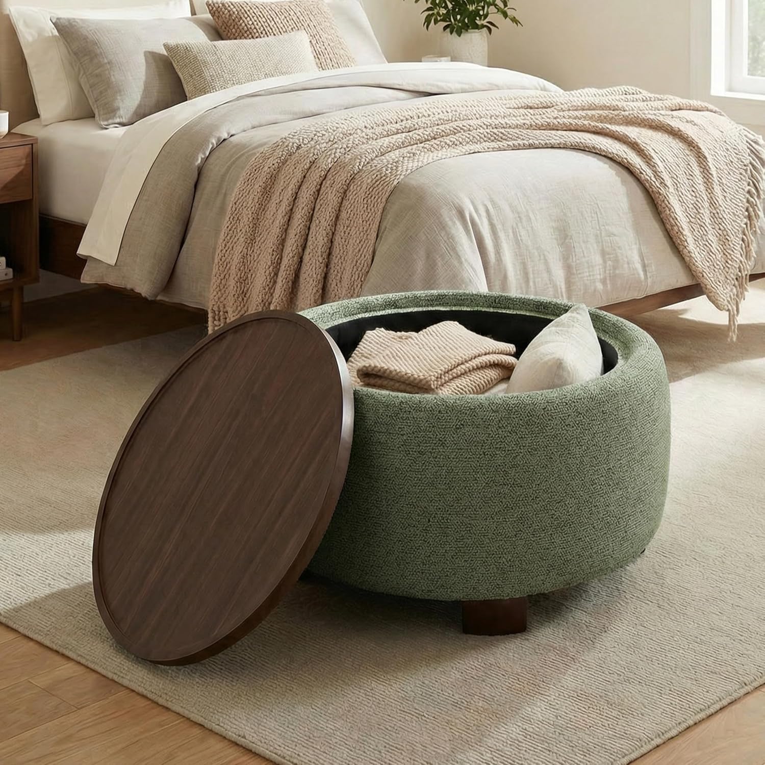 VKNOW 30" Round Storage Ottoman, Ottoman Coffee Table with Removable Wood Top and Solid Wood Legs for Living Room, Bedroom, Apartments(Green)