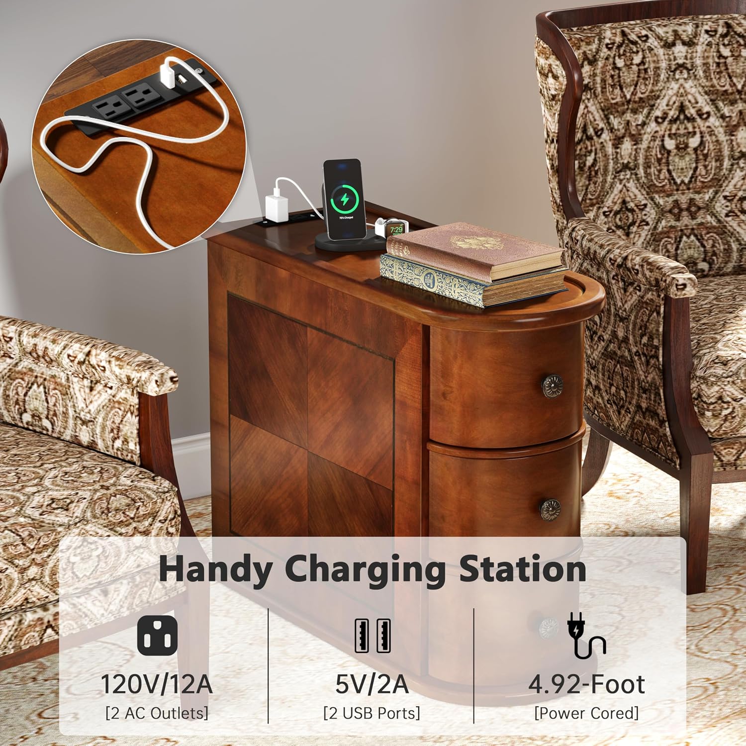 Solid Wood End Table with Charging Station, No Assembly Required Narrow Sofa Side Table for Living Room, Vintage Slim Nightstand Bedside Table (3 Drawers, Brown, 1Pc)