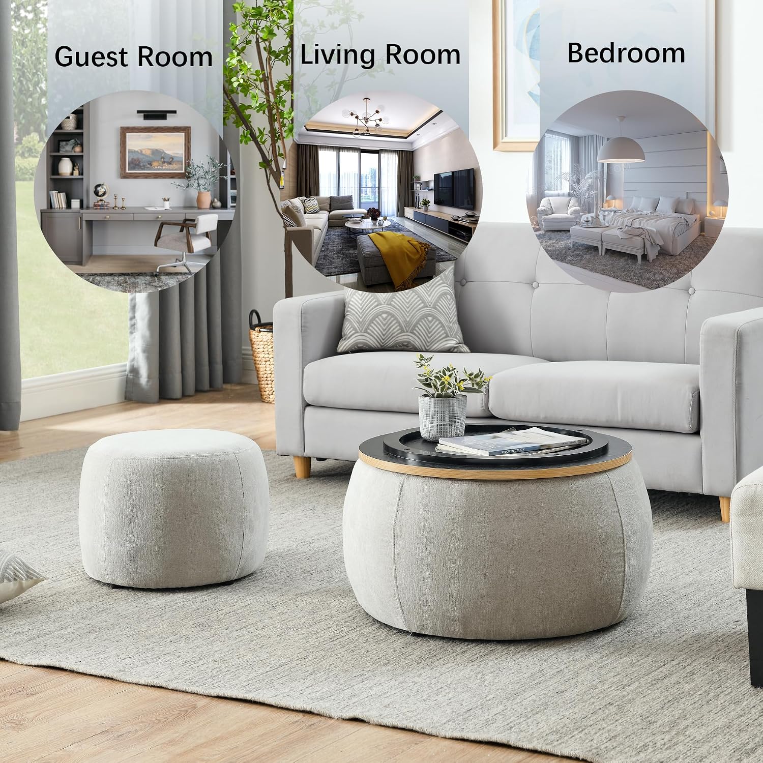 2-Piece Set Round Chenille Storage Ottoman, Equipped with a Drum Shaped Small Stool, Storage Space, and MDF Made Desktop Panel (Light Grey, 25"x25"x14.7")
