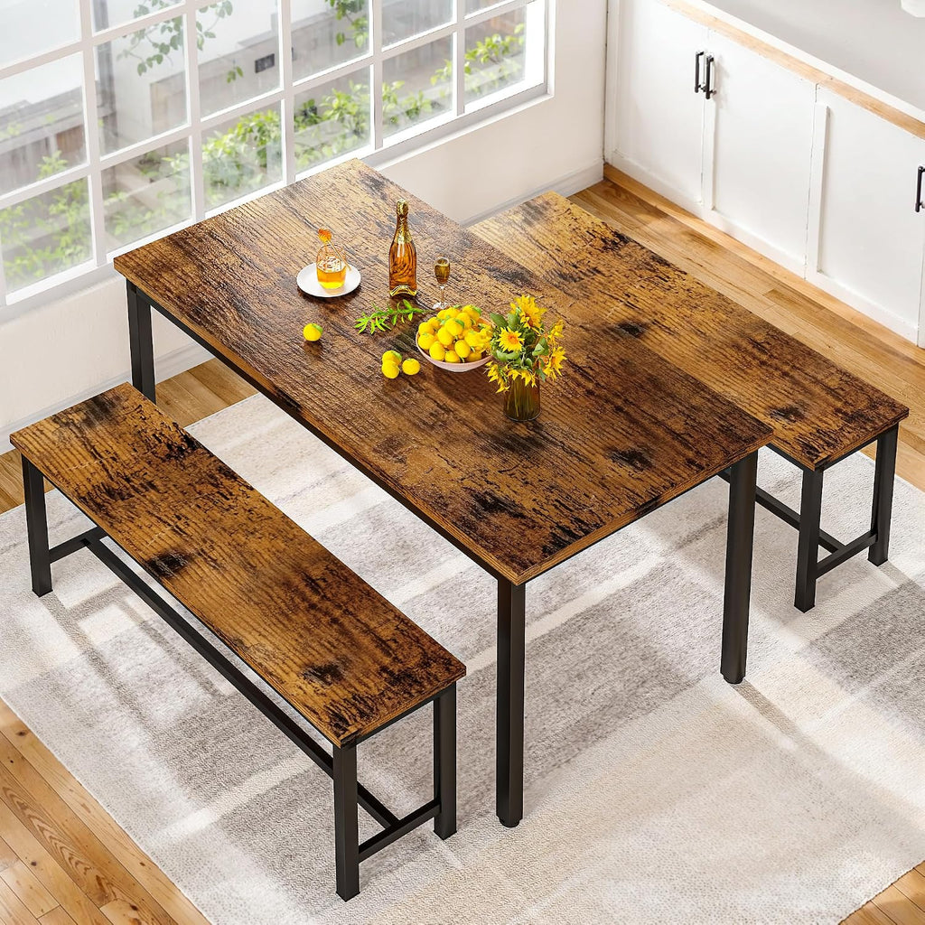 Lamerge Dining Room Table Set with 2 Benches, Dining Table Set for 4-6, Kitchen Table Set for Home Kitchen, Dining Room, Restaurant, Space Saving, Rustic, 3 Pieces Dining Furniture Set (05-Brown)