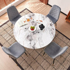 White Round Dining Table Set for 4, Modern Mid Century Wooden Kitchen & Dining Room Table Set, 5 Piece Space Saving (47In Faux Marble Table + 4 Grey Velvet Chairs)