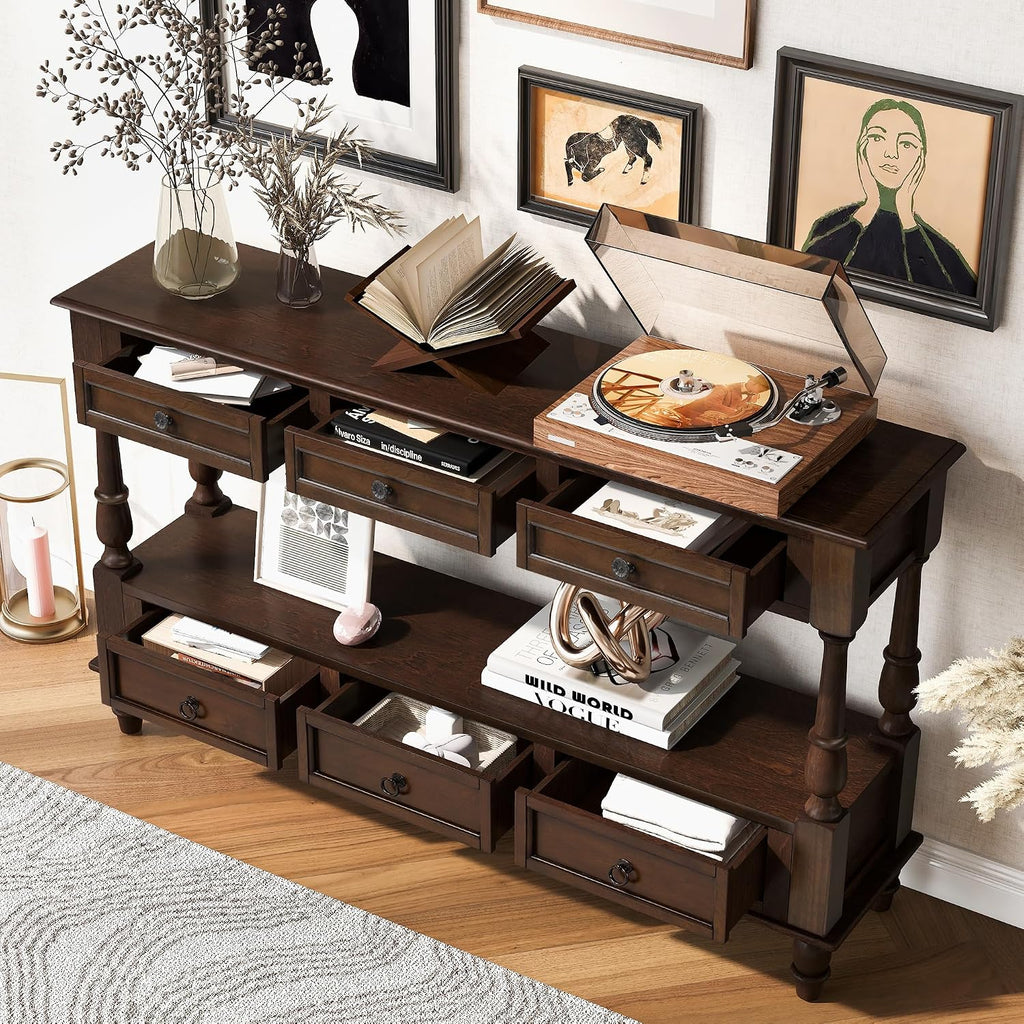 Knocbel Console Table with 6 Storage Drawers and Bottom Shelf, Vintage Sofa Table with Solid Wood Frame and Legs for Entryway Living Room, 54" W x 13.5" D x 32" H, Espresso