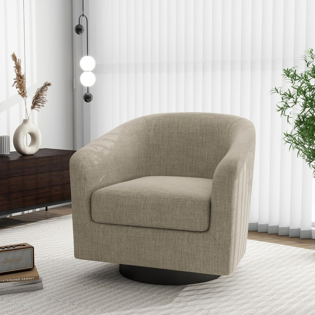 Swivel Barrel Accent Chair, Comfy Reading Armchair, Light Brown, Set of 2 | Club Chairs for Adults, Low-Back Design, Modern Round Style, Solid Wood Frame & Metal Swivel Base, For Living Room & Bedroom