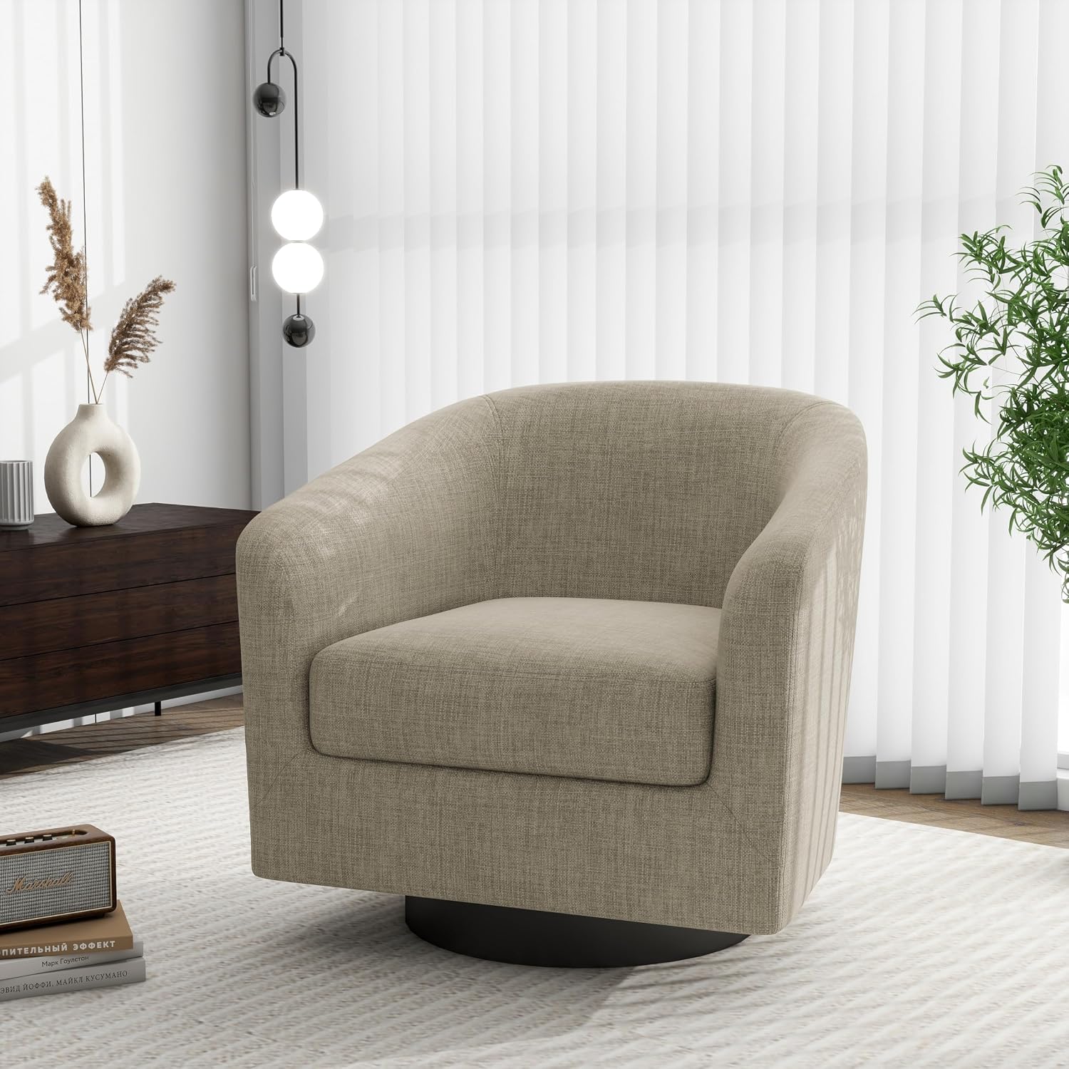 Swivel Barrel Accent Chair, Comfy Reading Armchair, Light Brown, Set of 2 | Club Chairs for Adults, Low-Back Design, Modern Round Style, Solid Wood Frame & Metal Swivel Base, For Living Room & Bedroom