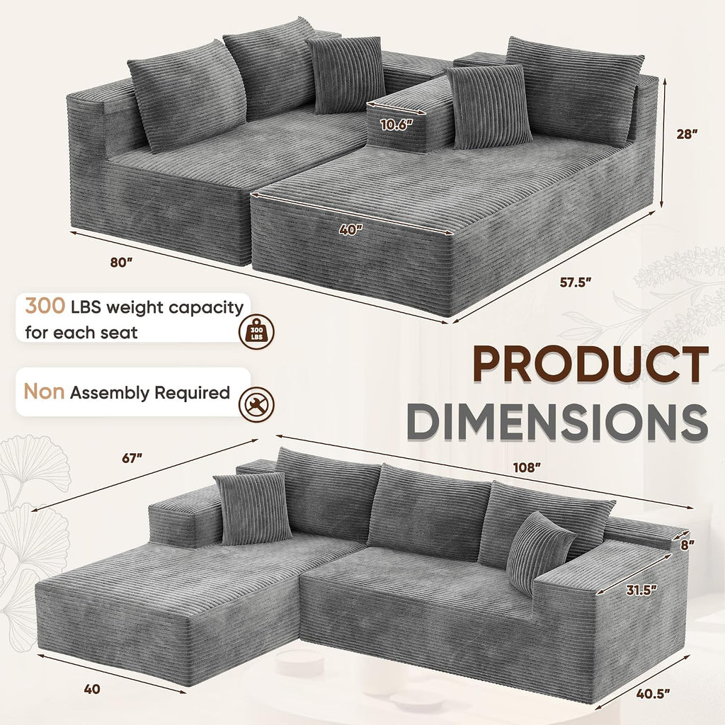 VICTONE 108” Cloud Sectional Couches, Boneless Couch Modular L-Shaped Sofa with Deep Seat, Modern Comfort Upholstered Sofas for Living Room, No Assembly Required (Corduroy, Grey)