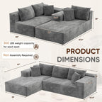 VICTONE 108” Cloud Sectional Couches, Boneless Couch Modular L-Shaped Sofa with Deep Seat, Modern Comfort Upholstered Sofas for Living Room, No Assembly Required (Corduroy, Grey)