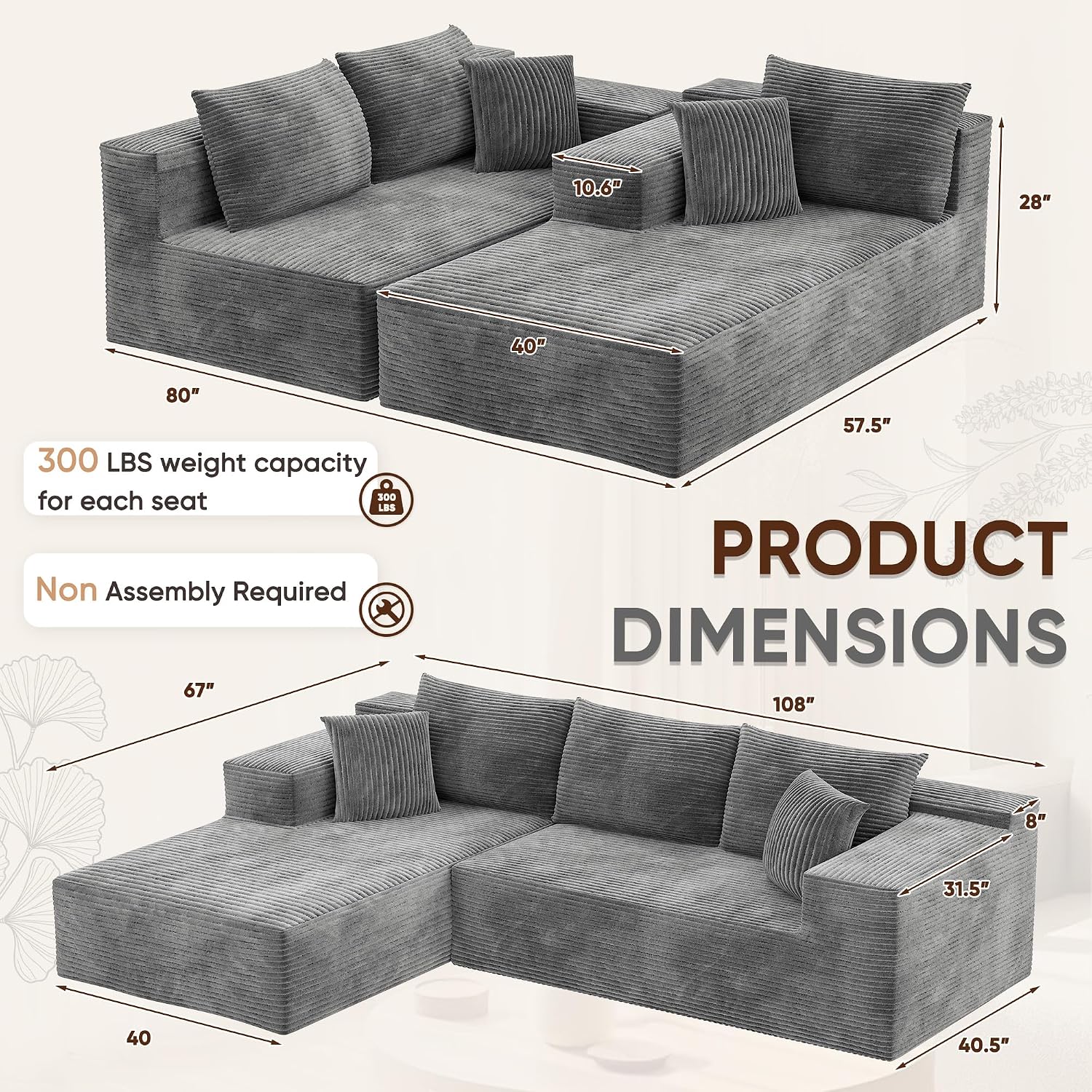 VICTONE 108” Cloud Sectional Couches, Boneless Couch Modular L-Shaped Sofa with Deep Seat, Modern Comfort Upholstered Sofas for Living Room, No Assembly Required (Corduroy, Grey)
