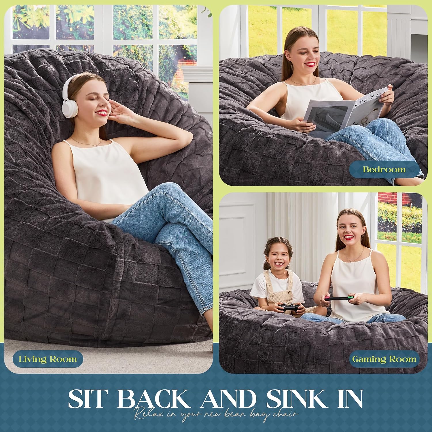 Hobestluk Adults Bean Bag Chair 5FT Big BeanBag Chair Giant Large Oversized | Memory Foam,Washable Cover,Unique Fluffy Plaid,Comfy Bean Bag with Filler Lounging Gaming Bedroom Living Room | Dark Grey 5FT