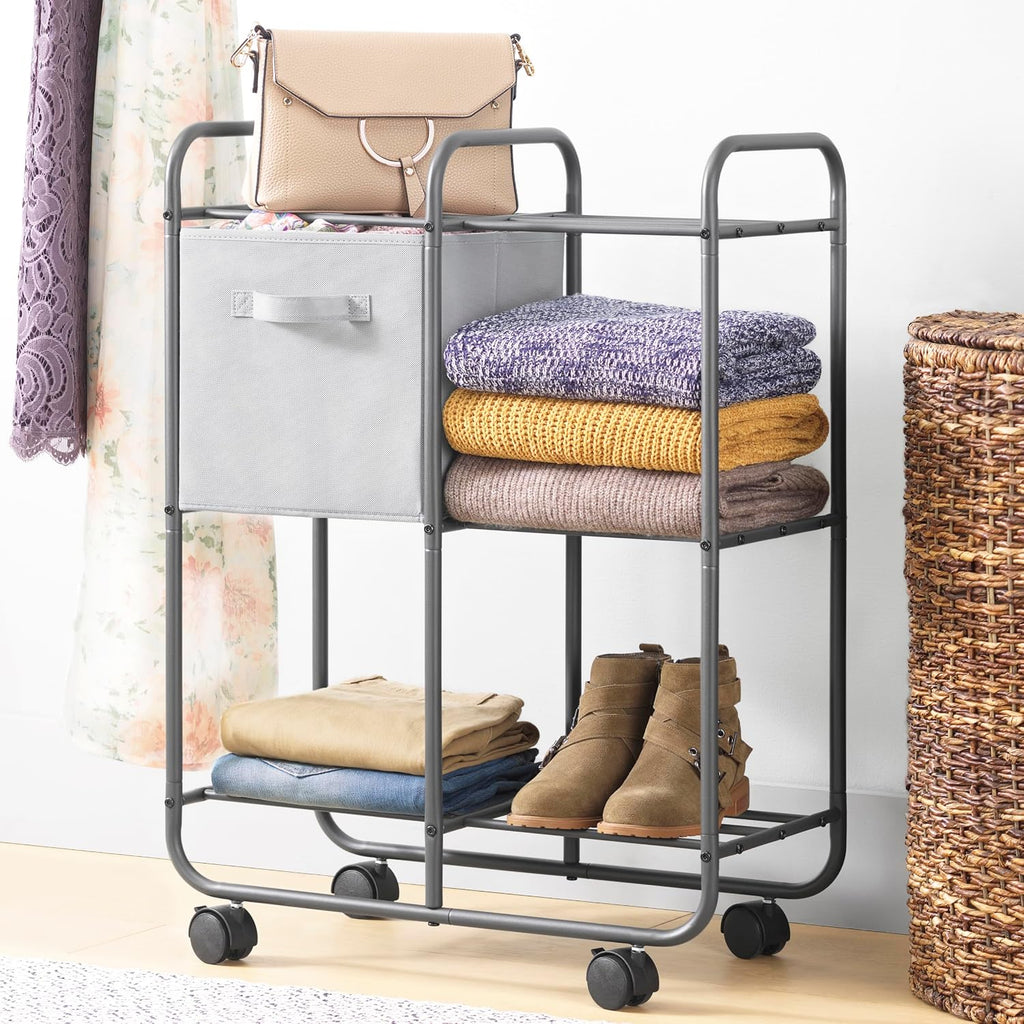 Whitmor 3 Tier Rolling Cart, Portable Closet, Metal Rolling Storage Cart,Suitable for Bedrooms, Living Rooms, and Kitchens.