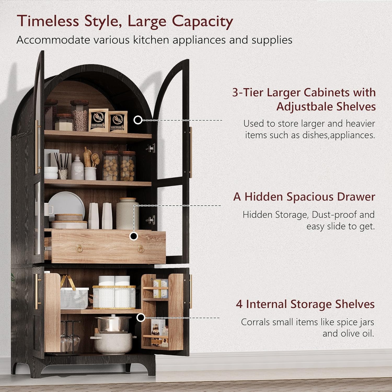JIJIWANG 71" Tall Arched Kitchen Pantry Cabinet with Doors and Open & Adjustable Shelves, Kitchen Storage Cabine Hidden Drawer & Glass Door, Cupboard for Kitchen, Dining Room, Black