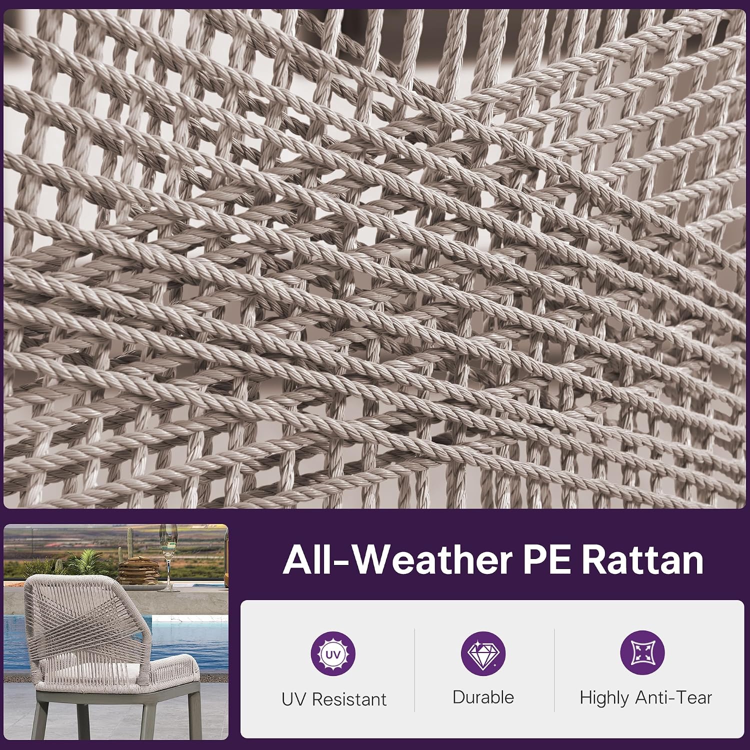 PURPLE LEAF Bar Stool 1 Piece Outdoor Bar Height Metal Stool Modern Wicker Rattan Barstools with Back Aluminum Outside Garden Patio Bar Chair, Light Grey