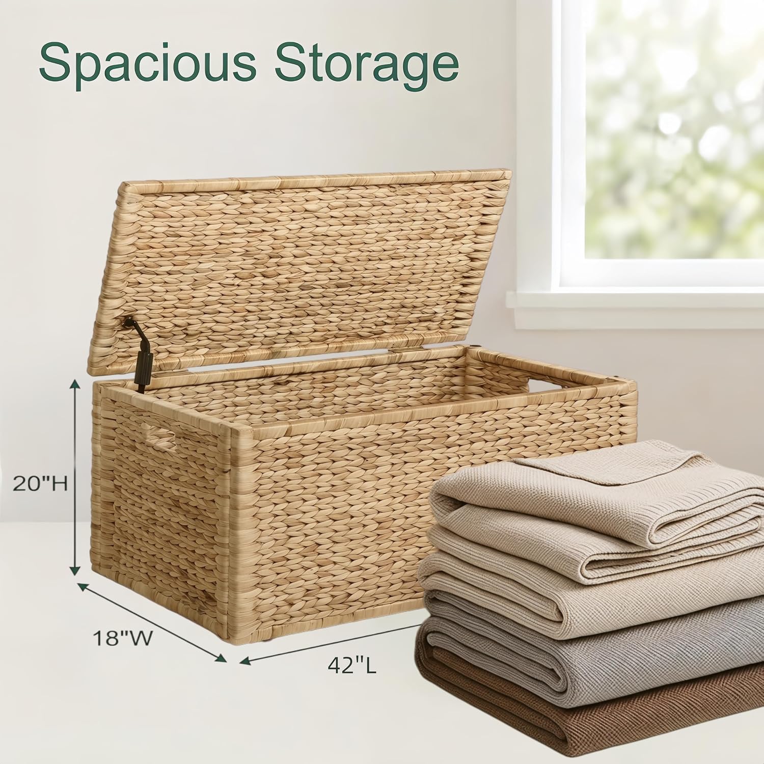 Handwoven Water Hyacinth Storage Trunk: Heavy Duty Metal Frame Wicker Chest Box 42×20×18.5in Natural Finish for Home Decor & Space Saving