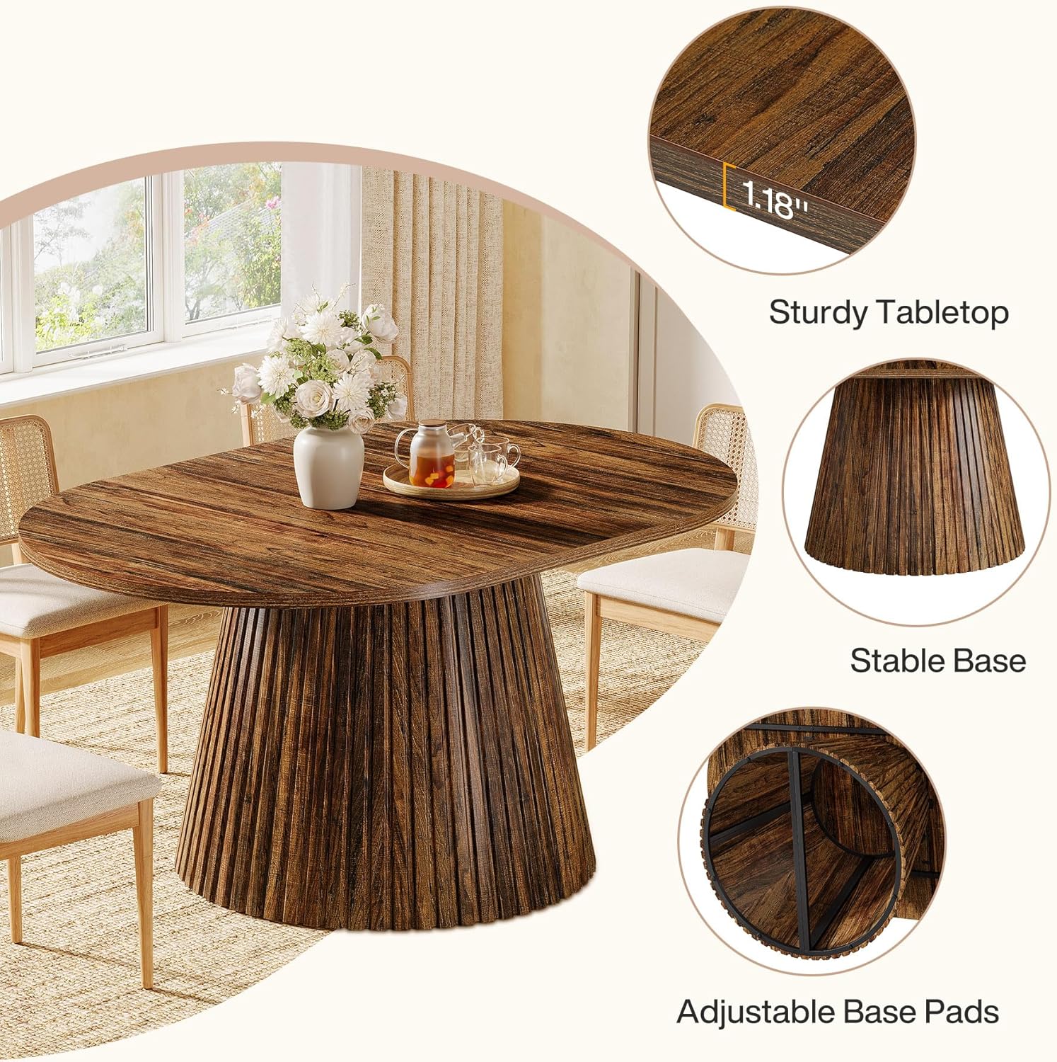 Tribesigns 59" Dining Table for 4-6 People, Farmhouse Dining Room Table with Heavy Pedestal, Oval Wood Kitchen Dinner Table for Living Room, Kitchen, Rustic Brown, 59.06" W x 39.37" D