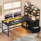 55''Gaming Desk L Shaped Desk with 3 Fabric Drawers & Shelves, Reversible Computer Desk with Remote LED Lights, Power Outlet and PC Stand of Home Office Desk for Bedroom,Dorm,Gaming Room,Black