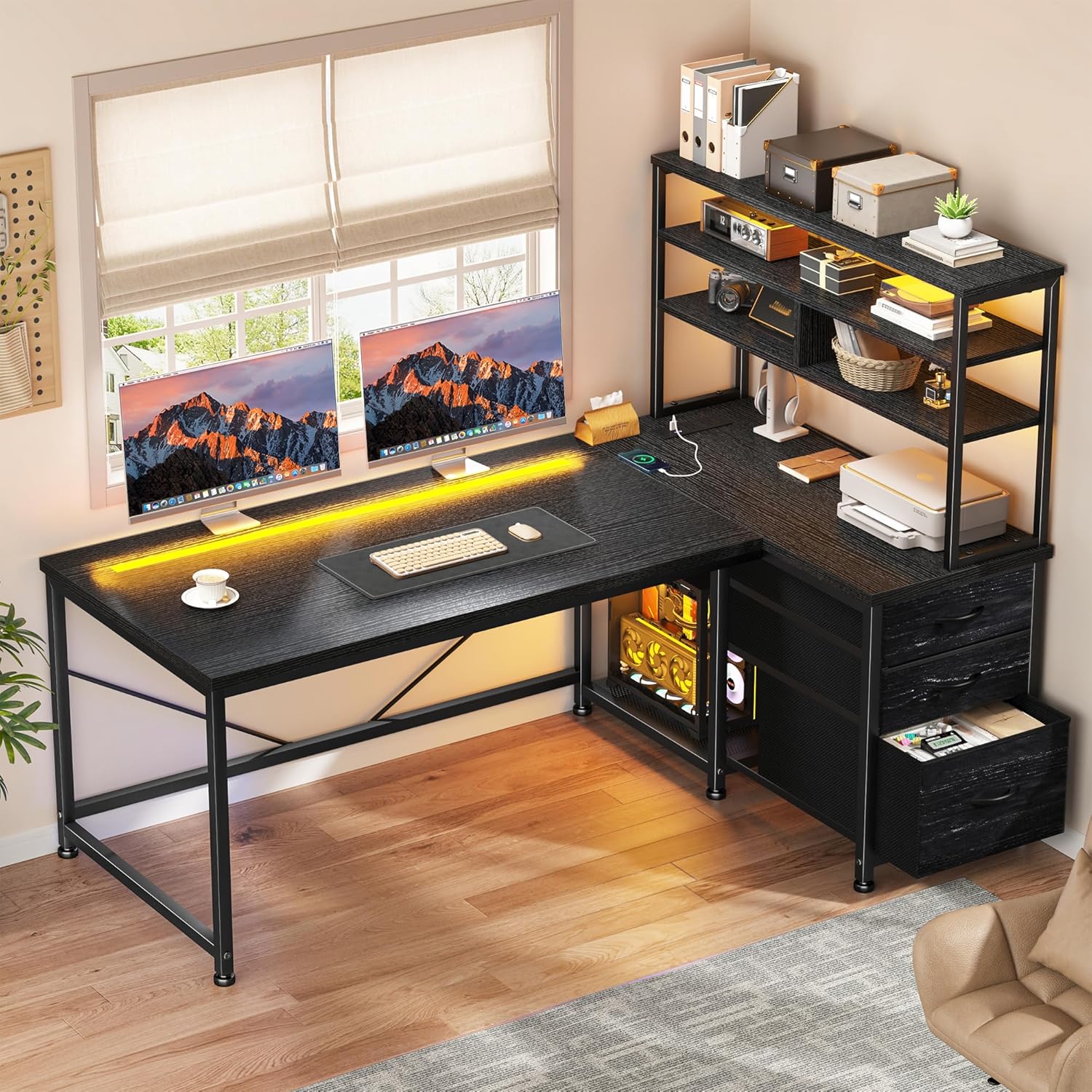 55''Gaming Desk L Shaped Desk with 3 Fabric Drawers & Shelves, Reversible Computer Desk with Remote LED Lights, Power Outlet and PC Stand of Home Office Desk for Bedroom,Dorm,Gaming Room,Black