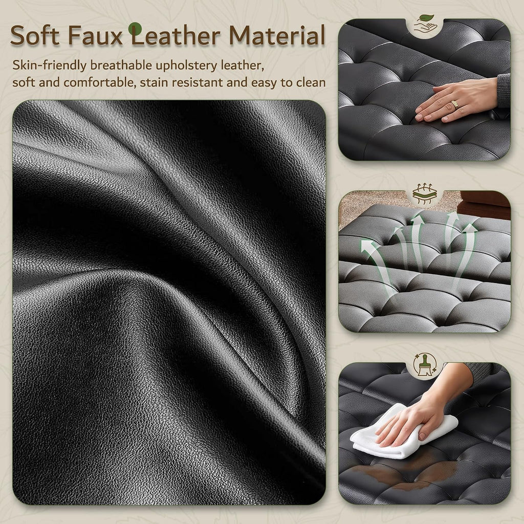 LINLUX Extra Large Leather Storage Ottoman, 35.5 Inch Large Square Lift Top Ottoman Coffee Table with Storage, Tufted Leather Ottoman Footrest Toy Box for Living Room, Black